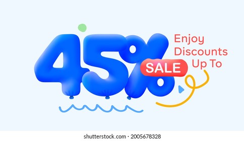 Special summer sale Banner 45% Rabatt in Form von 3D Blue Ballons Sun Vector Design, saisonale Shopping-Werbeaktion, Abbildung 3D Zahlen für Tag-Offertetikett Genießen Rabatt bis zu 45% Rabatt