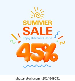 Special summer sale banner 45% discount in form of 3d yellow balloons sun Vector design seasonal shopping promo advertisement illustration 3d numbers for tag offer label Enjoy Discounts Up to 45% off