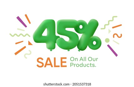 Special summer sale banner 45% discount in form of 3d balloons Green Vector design seasonal shopping promo advertisement illustration 3d numbers for tag offer label Enjoy Discounts Up to 45% off