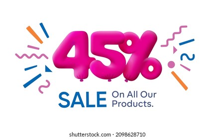 Special summer sale banner 45% discount in form of 3d balloons Pink Vector design seasonal shopping promo advertisement illustration 3d numbers for tag offer label Enjoy Discounts Up to 45% off