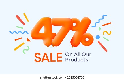 Special summer sale banner 47% discount in form of 3d yellow balloons sun Vector design seasonal shopping promo advertisement illustration 3d numbers for tag offer label Enjoy Discounts Up to 47% off