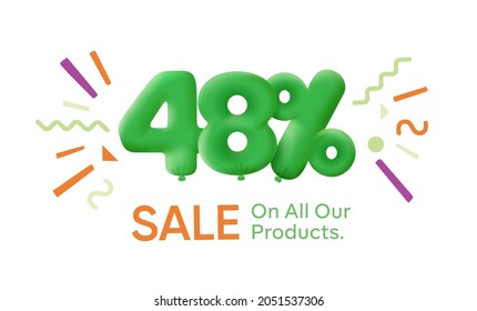 Special summer sale banner 48% discount in form of 3d balloons Green Vector design seasonal shopping promo advertisement illustration 3d numbers for tag offer label Enjoy Discounts Up to 48% off