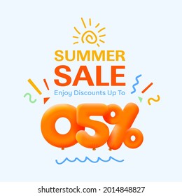 Special summer sale banner 5% discount in form of 3d yellow balloons sun Vector design seasonal shopping promo advertisement illustration 3d numbers for tag offer label Enjoy Discounts Up to 5% off
