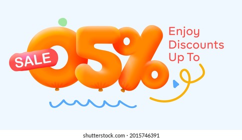 Special summer sale banner 5% discount in form of 3d yellow balloons sun Vector design seasonal shopping promo advertisement illustration 3d numbers for tag offer label Enjoy Discounts Up to 5% off