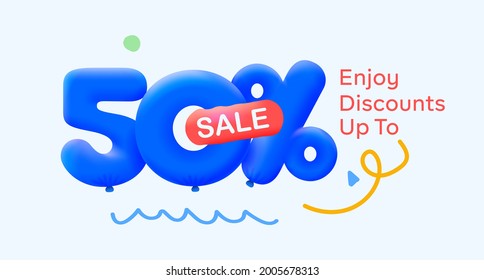 Special summer sale banner 50% discount in form of 3d blue balloons sun Vector design, seasonal shopping promo advertisement, illustration 3d numbers for tag offer label Enjoy Diccounts Up to 50% off
