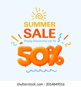 Special summer sale banner 50% discount in form of 3d yellow balloons sun Vector design seasonal shopping promo advertisement illustration 3d numbers for tag offer label Enjoy Discounts Up to 50% off