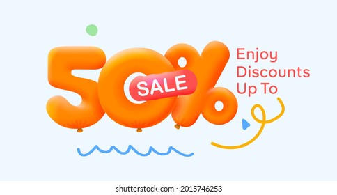 Special summer sale banner 50% discount in form of 3d yellow balloons sun Vector design seasonal shopping promo advertisement illustration 3d numbers for tag offer label Enjoy Discounts Up to 50% off