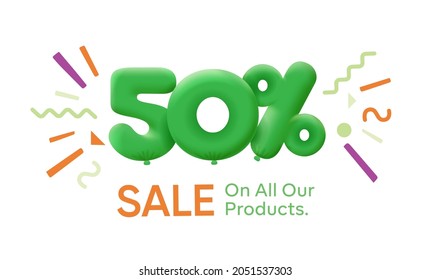 Special summer sale banner 50% discount in form of 3d balloons Green Vector design seasonal shopping promo advertisement illustration 3d numbers for tag offer label Enjoy Discounts Up to 50% off