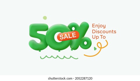 Special summer sale banner 50% discount in form of 3d balloons Green Vector design seasonal shopping promo advertisement illustration 3d numbers for tag offer label Enjoy Discounts Up to 50% off