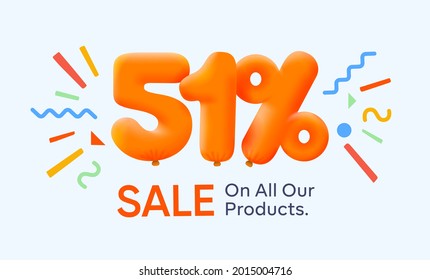 Special summer sale banner 51% discount in form of 3d yellow balloons sun Vector design seasonal shopping promo advertisement illustration 3d numbers for tag offer label Enjoy Discounts Up to 51% off