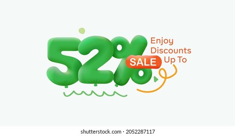 Special summer sale banner 52% discount in form of 3d balloons Green Vector design seasonal shopping promo advertisement illustration 3d numbers for tag offer label Enjoy Discounts Up to 52% off