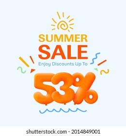 Special summer sale banner 53% discount in form of 3d yellow balloons sun Vector design seasonal shopping promo advertisement illustration 3d numbers for tag offer label Enjoy Discounts Up to 53% off