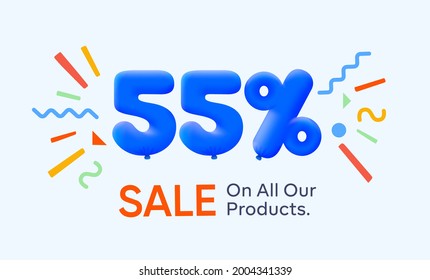 Special summer sale banner 55% discount in form of 3d blue balloons sun Vector design, seasonal shopping promo advertisement, illustration 3d numbers for tag offer label Enjoy Diccounts Up to 55% off