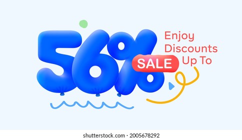 Special summer sale banner 56% discount in form of 3d blue balloons sun Vector design, seasonal shopping promo advertisement, illustration 3d numbers for tag offer label Enjoy Diccounts Up to 56% off