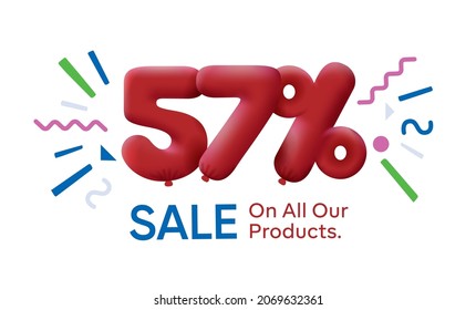 Special summer sale banner 57% discount in form of 3d balloons Red Vector design seasonal shopping promo advertisement illustration 3d numbers for tag offer label Enjoy Discounts Up to 57% off