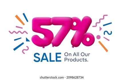 Special summer sale banner 57% discount in form of 3d balloons Pink Vector design seasonal shopping promo advertisement illustration 3d numbers for tag offer label Enjoy Discounts Up to 57% off