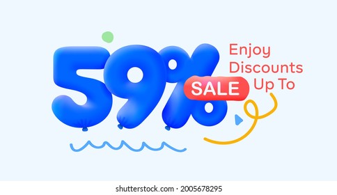 Special summer sale banner 59% discount in form of 3d blue balloons sun Vector design, seasonal shopping promo advertisement, illustration 3d numbers for tag offer label Enjoy Diccounts Up to 59% off