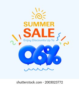 Special summer sale banner 6% discount in form of 3d blue balloons sun Vector design, seasonal shopping promo advertisement, illustration 3d numbers for tag offer label Enjoy Diccounts Up to 6% off