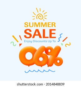 Special summer sale banner 6% discount in form of 3d yellow balloons sun Vector design seasonal shopping promo advertisement illustration 3d numbers for tag offer label Enjoy Discounts Up to 6% off