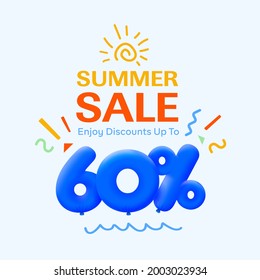 Special summer sale banner 60% discount in form of 3d blue balloons sun Vector design, seasonal shopping promo advertisement, illustration 3d numbers for tag offer label Enjoy Diccounts Up to 60% off