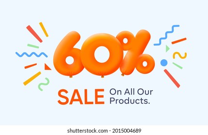 Special summer sale banner 60% discount in form of 3d yellow balloons sun Vector design seasonal shopping promo advertisement illustration 3d numbers for tag offer label Enjoy Discounts Up to 60% off