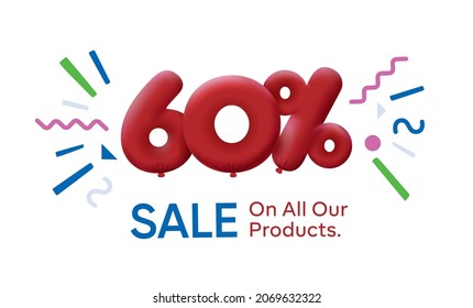 Special summer sale banner 60% discount in form of 3d balloons Red Vector design seasonal shopping promo advertisement illustration 3d numbers for tag offer label Enjoy Discounts Up to 60% off