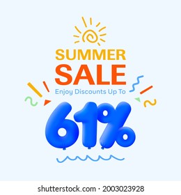 Special summer sale banner 61% discount in form of 3d blue balloons sun Vector design, seasonal shopping promo advertisement, illustration 3d numbers for tag offer label Enjoy Diccounts Up to 61% off