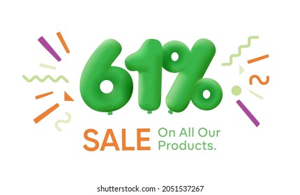 Special summer sale banner 61% discount in form of 3d balloons Green Vector design seasonal shopping promo advertisement illustration 3d numbers for tag offer label Enjoy Discounts Up to 61% off