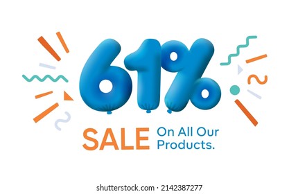 Special summer sale banner 61% discount in form of 3d balloons Blue Vector design seasonal shopping promo advertisement illustration 3d numbers for tag offer label Enjoy Discounts Up to 61% off
