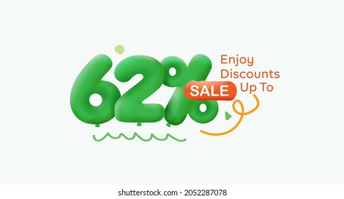 Special summer sale banner 62% discount in form of 3d balloons Green Vector design seasonal shopping promo advertisement illustration 3d numbers for tag offer label Enjoy Discounts Up to 62% off