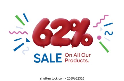 Special summer sale banner 62% discount in form of 3d balloons Red Vector design seasonal shopping promo advertisement illustration 3d numbers for tag offer label Enjoy Discounts Up to 62% off