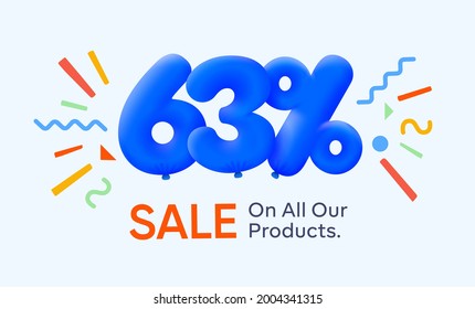 Special summer sale banner 63% discount in form of 3d blue balloons sun Vector design, seasonal shopping promo advertisement, illustration 3d numbers for tag offer label Enjoy Diccounts Up to 63% off