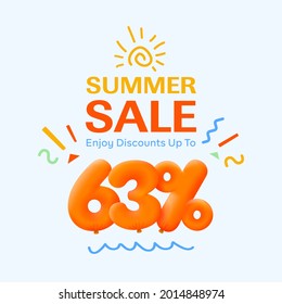 Special summer sale banner 63% discount in form of 3d yellow balloons sun Vector design seasonal shopping promo advertisement illustration 3d numbers for tag offer label Enjoy Discounts Up to 63% off