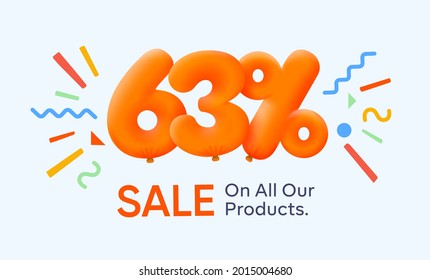 Special summer sale banner 63% discount in form of 3d yellow balloons sun Vector design seasonal shopping promo advertisement illustration 3d numbers for tag offer label Enjoy Discounts Up to 63% off