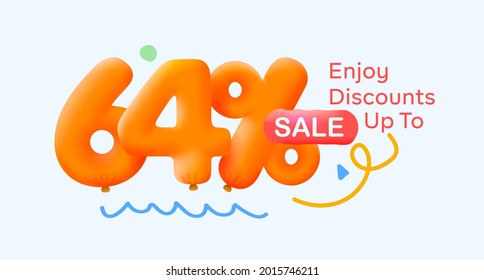 Special summer sale banner 64% discount in form of 3d yellow balloons sun Vector design seasonal shopping promo advertisement illustration 3d numbers for tag offer label Enjoy Discounts Up to 64% off