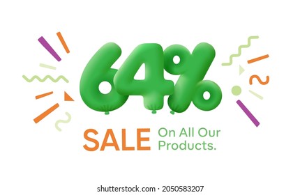 Special summer sale banner 64% discount in form of 3d balloons Green Vector design seasonal shopping promo advertisement illustration 3d numbers for tag offer label Enjoy Discounts Up to 64% off