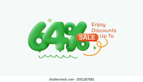 Special summer sale banner 64% discount in form of 3d balloons Green Vector design seasonal shopping promo advertisement illustration 3d numbers for tag offer label Enjoy Discounts Up to 64% off