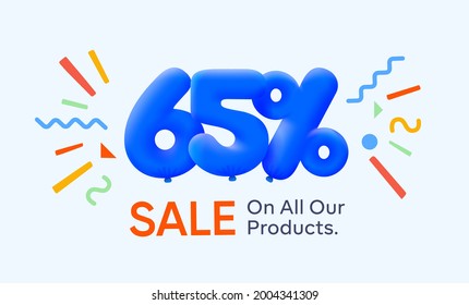 Special summer sale banner 65% discount in form of 3d blue balloons sun Vector design, seasonal shopping promo advertisement, illustration 3d numbers for tag offer label Enjoy Diccounts Up to 65% off