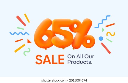 Special summer sale banner 65% discount in form of 3d yellow balloons sun Vector design seasonal shopping promo advertisement illustration 3d numbers for tag offer label Enjoy Discounts Up to 65% off