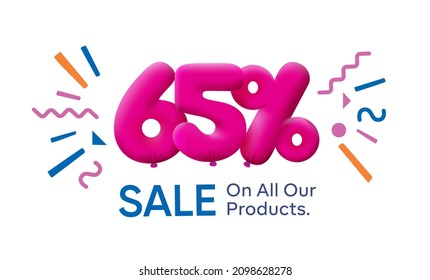 Special summer sale banner 65% discount in form of 3d balloons Pink Vector design seasonal shopping promo advertisement illustration 3d numbers for tag offer label Enjoy Discounts Up to 65% off