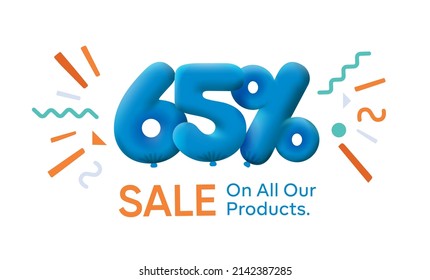 Special summer sale banner 65% discount in form of 3d balloons Blue Vector design seasonal shopping promo advertisement illustration 3d numbers for tag offer label Enjoy Discounts Up to 65% off