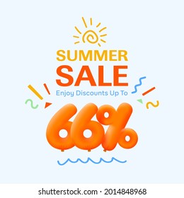 Special summer sale banner 66% discount in form of 3d yellow balloons sun Vector design seasonal shopping promo advertisement illustration 3d numbers for tag offer label Enjoy Discounts Up to 66% off