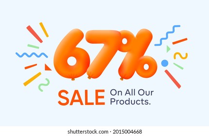 Special summer sale banner 67% discount in form of 3d yellow balloons sun Vector design seasonal shopping promo advertisement illustration 3d numbers for tag offer label Enjoy Discounts Up to 67% off