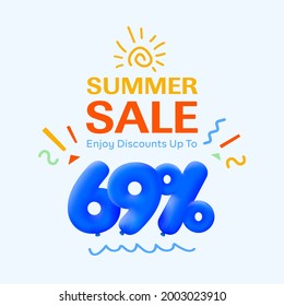 Special summer sale banner 69% discount in form of 3d blue balloons sun Vector design, seasonal shopping promo advertisement, illustration 3d numbers for tag offer label Enjoy Diccounts Up to 69% off