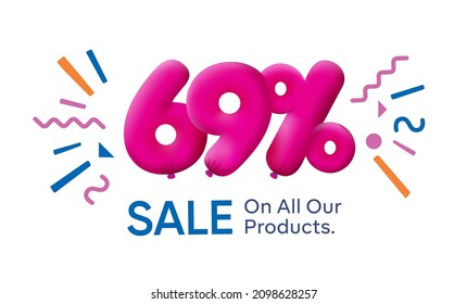 Special summer sale banner 69% discount in form of 3d balloons Pink Vector design seasonal shopping promo advertisement illustration 3d numbers for tag offer label Enjoy Discounts Up to 69% off
