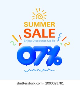 Special summer sale banner 7% discount in form of 3d blue balloons sun Vector design, seasonal shopping promo advertisement, illustration 3d numbers for tag offer label Enjoy Diccounts Up to 7% off