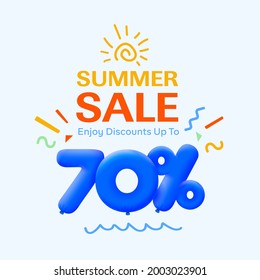 Special summer sale banner 70% discount in form of 3d blue balloons sun Vector design, seasonal shopping promo advertisement, illustration 3d numbers for tag offer label Enjoy Diccounts Up to 70% off