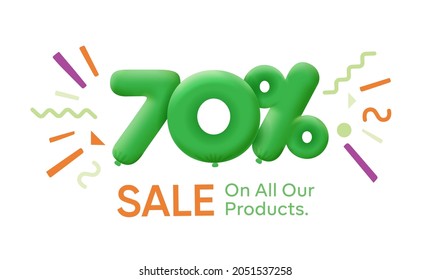 Special summer sale banner 70% discount in form of 3d balloons Green Vector design seasonal shopping promo advertisement illustration 3d numbers for tag offer label Enjoy Discounts Up to 70% off