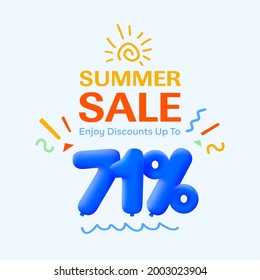 Special summer sale banner 71% discount in form of 3d blue balloons sun Vector design, seasonal shopping promo advertisement, illustration 3d numbers for tag offer label Enjoy Diccounts Up to 71% off