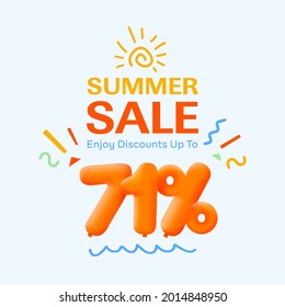 Special summer sale banner 71% discount in form of 3d yellow balloons sun Vector design seasonal shopping promo advertisement illustration 3d numbers for tag offer label Enjoy Discounts Up to 71% off
